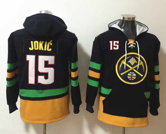 Men's Denver Nuggets #15 Nikola Jokic Black Lace-Up Pullover Hoodie Men's Denver Nuggets #15 Nikola Jokic Black Lace-Up Pullover Hoodie